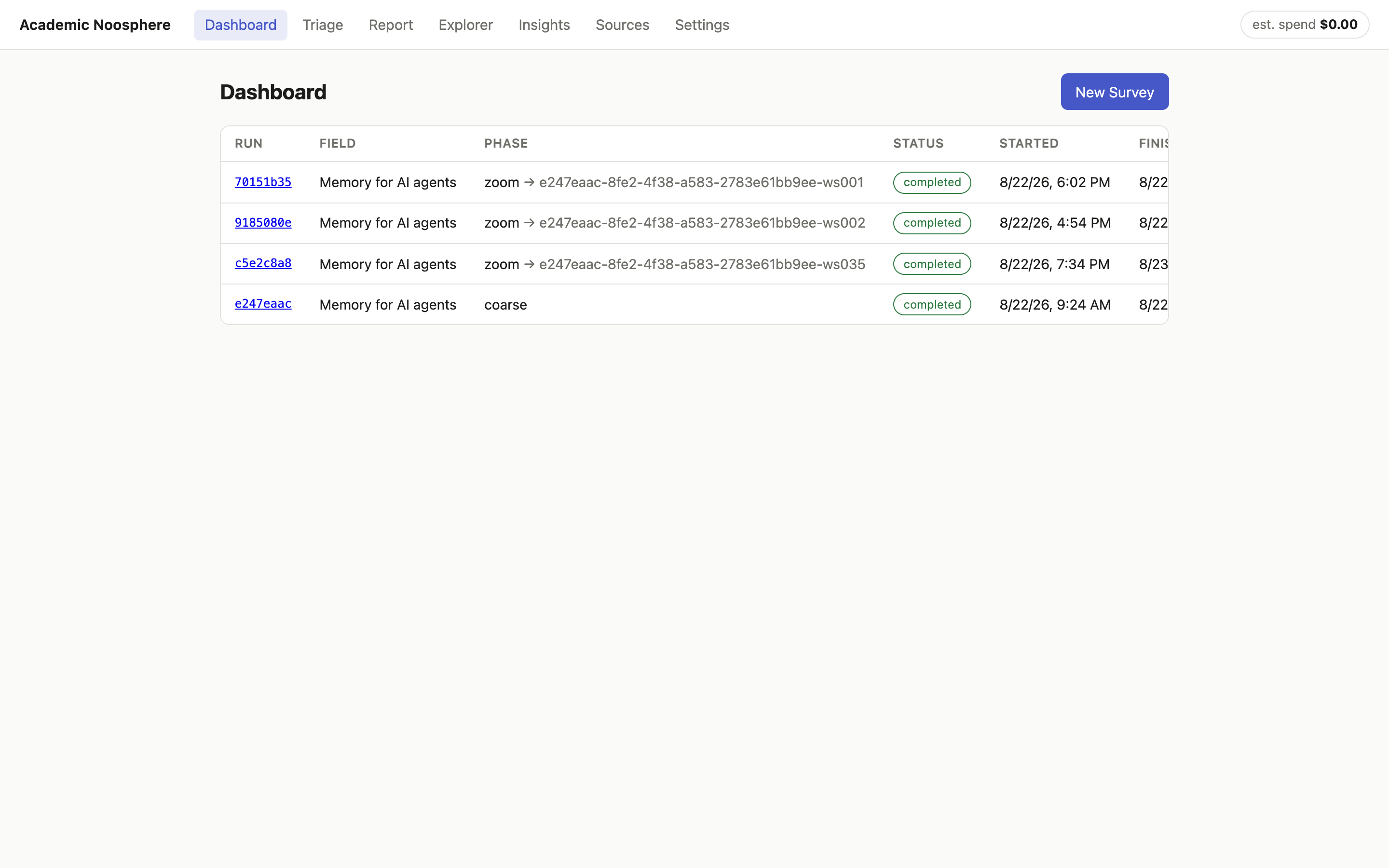 Dashboard: one coarse survey and three zoom runs, all completed