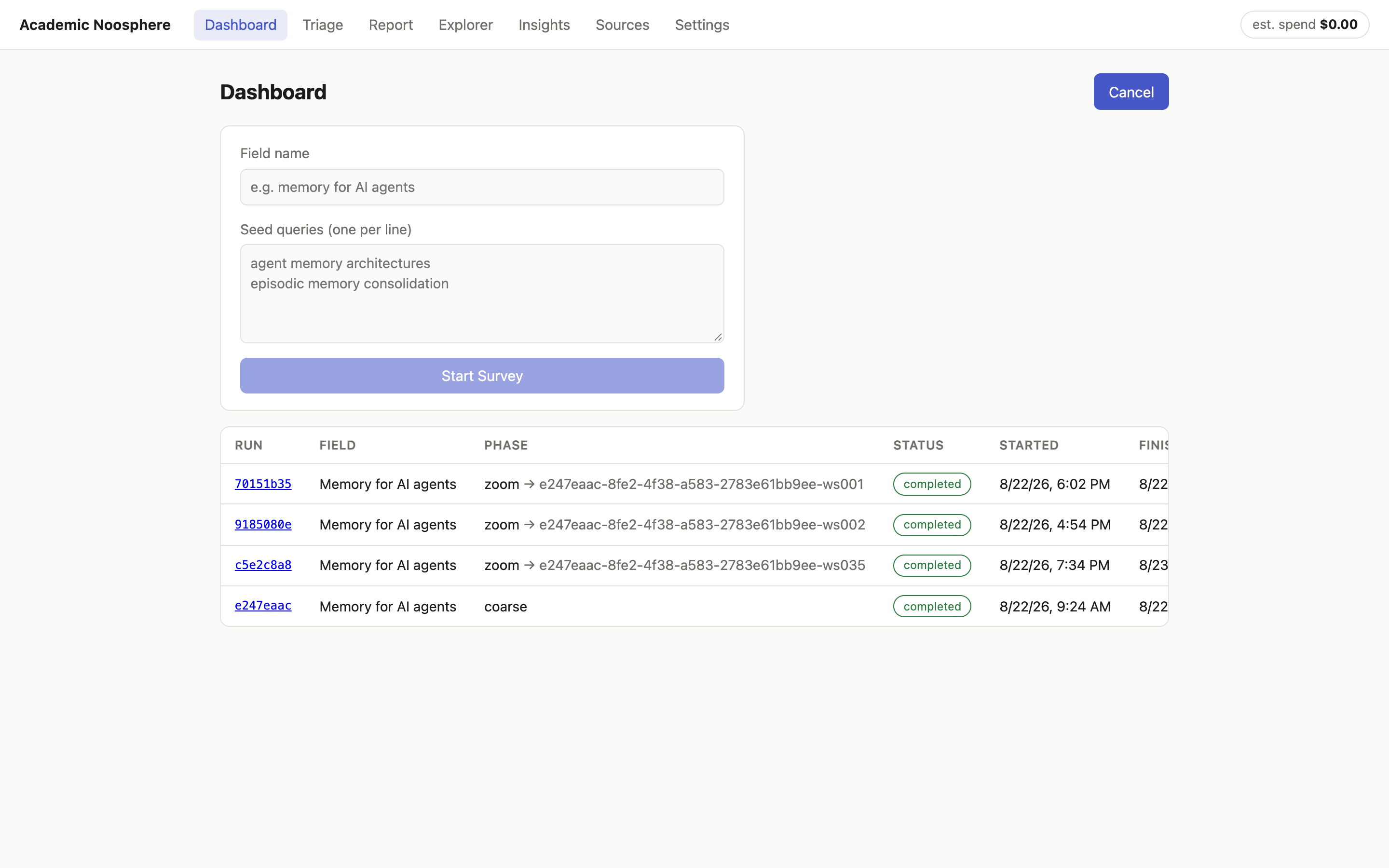 New Survey: a field name and a few seed queries, one per line
