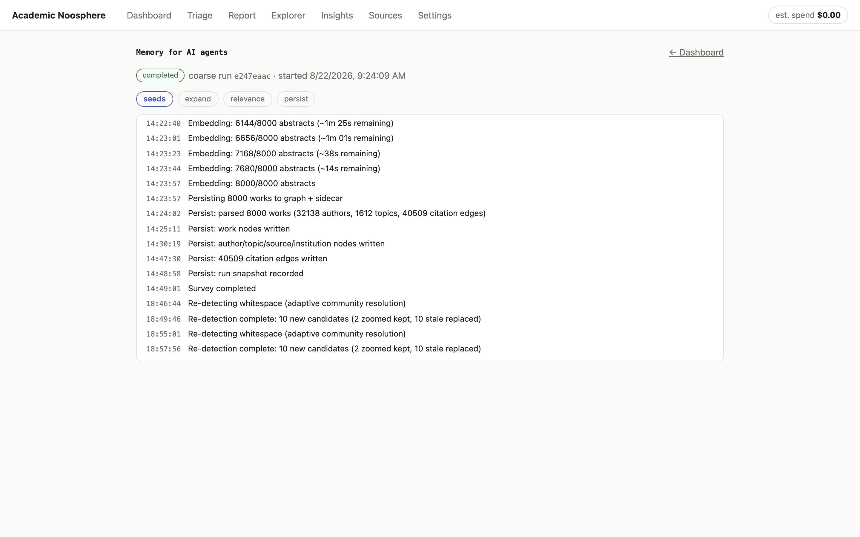 Run detail: live activity feed — embedding 8,000 abstracts, persisting 32,138 authors and 40,509 citation edges