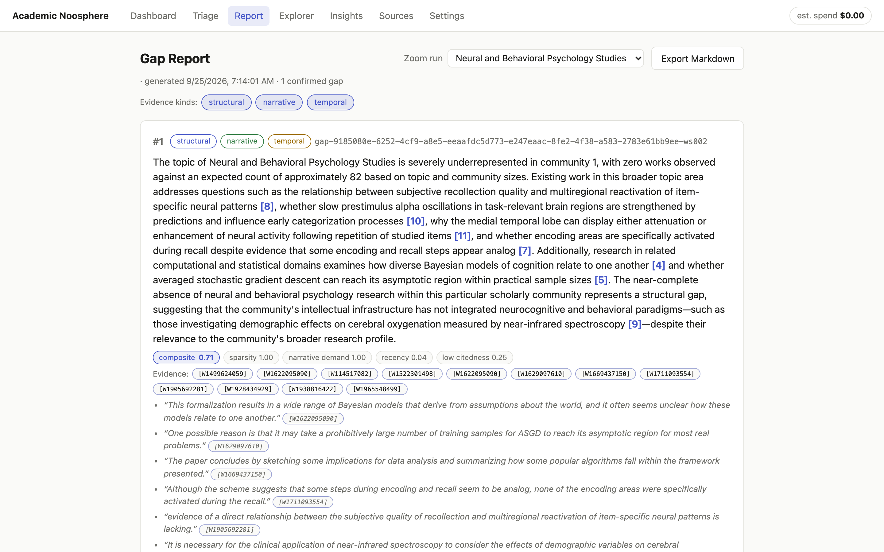 Gap Report: a grounded statement with inline citations, component scores, and verbatim author quotes as evidence