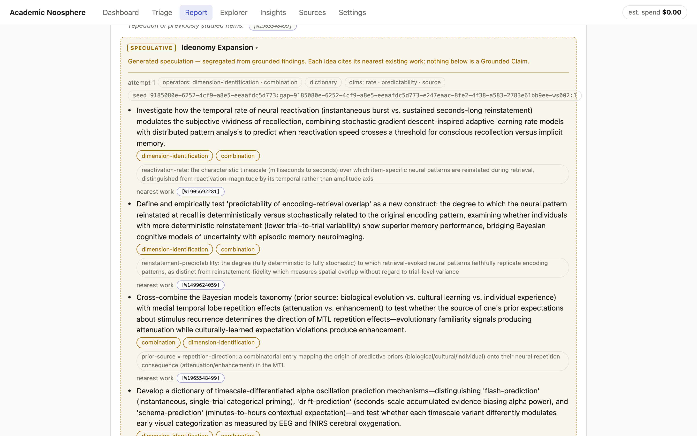 Ideonomy Expansion: speculative ideas, each tagged with the operators that produced it and the nearest existing work