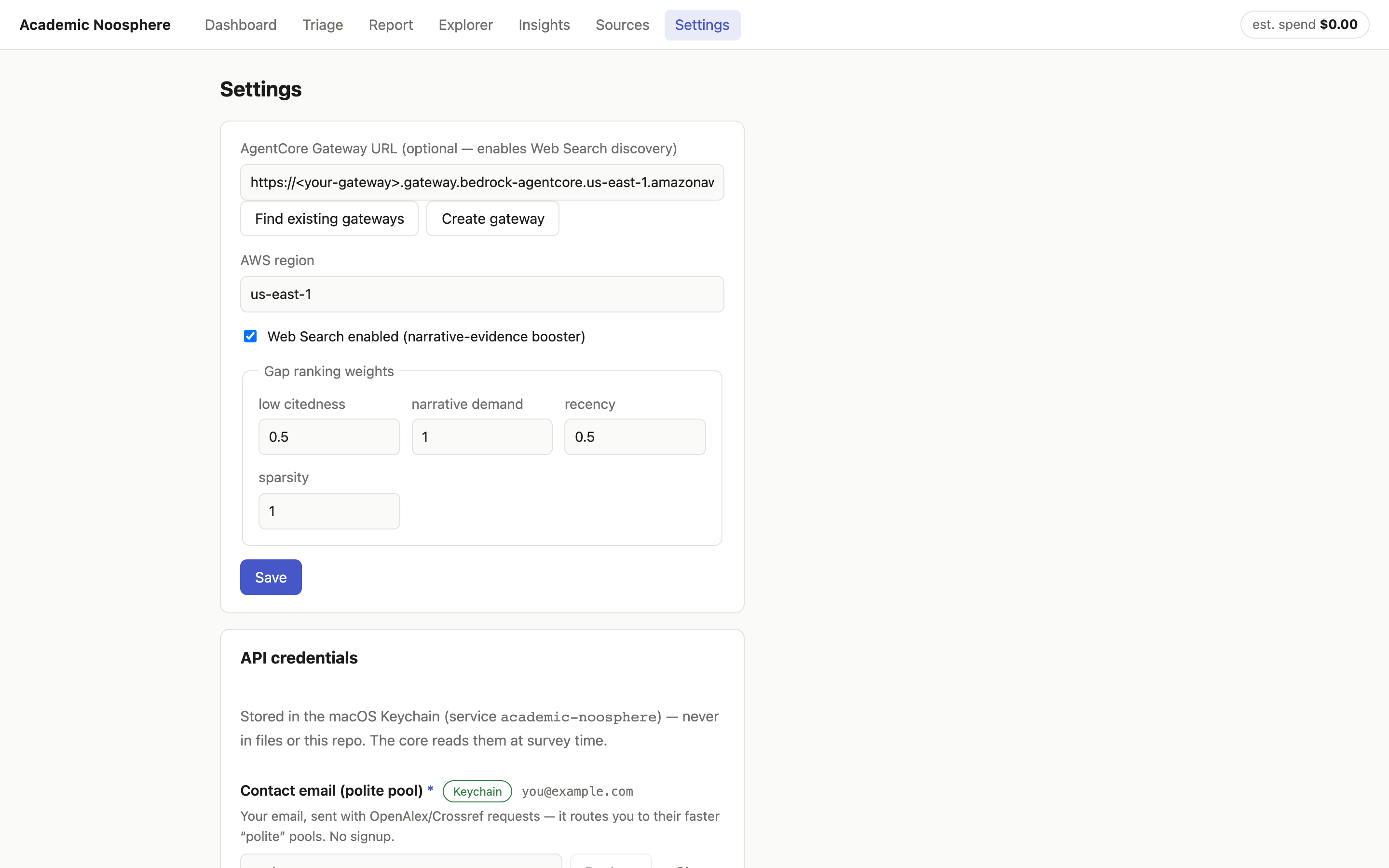 Settings: Gateway, region, Web Search toggle, gap-ranking weights, and Keychain-backed credentials
