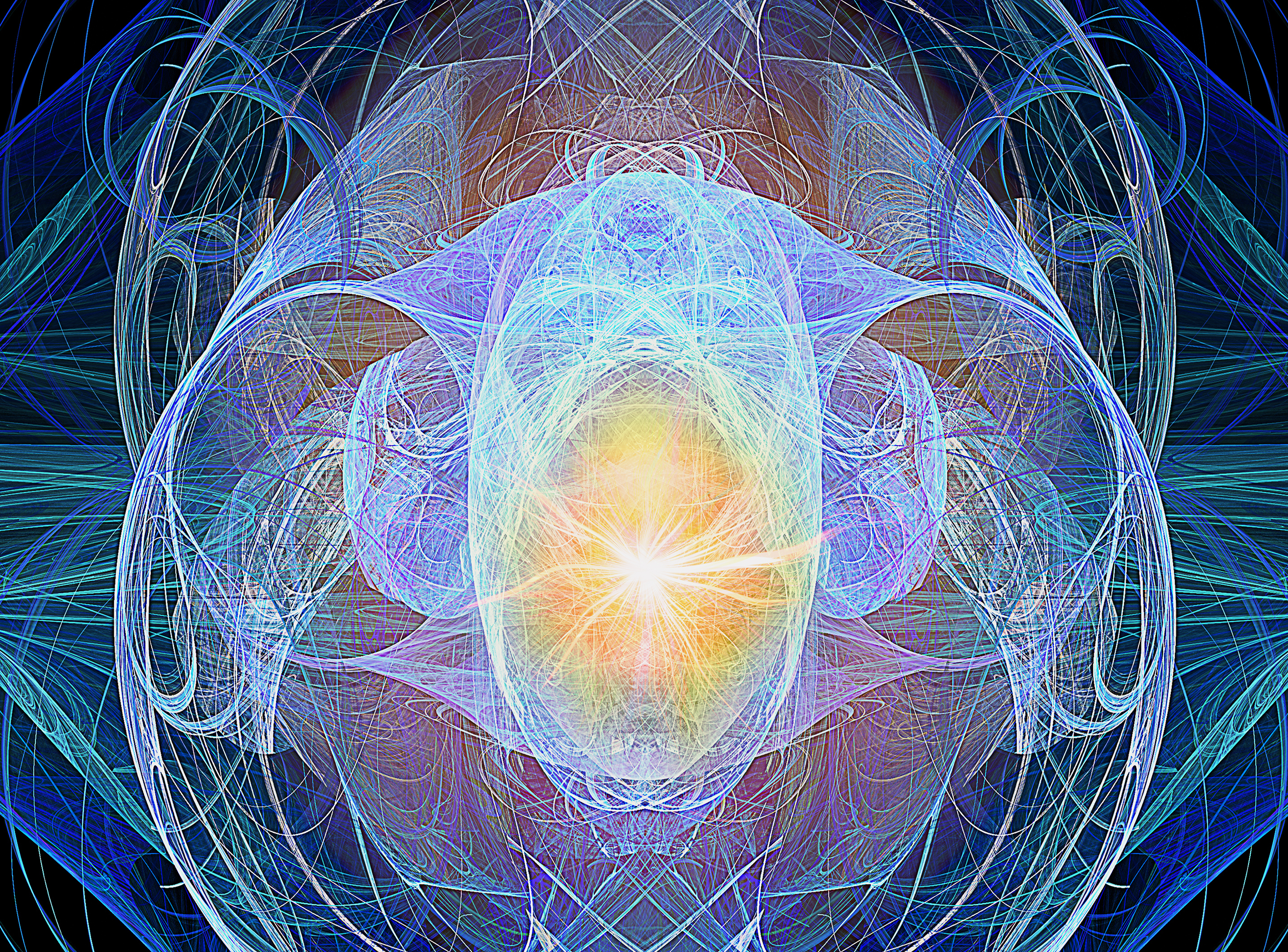 Abstract fractal background with intertwined threads and glowing light in the center